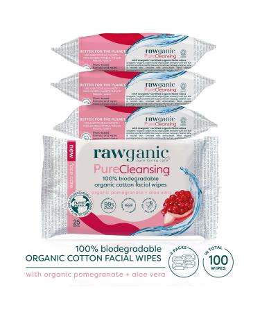 Rawganic Anti-Aging Hydrating Facial Wipes - Fragrance-Free Organic Cotton with Pomegranate & Aloe Vera (Pack of 4, 25 Count) - Buy Online on GoSupps.com