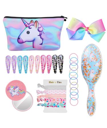 Hifot unicorn hairbrushes degenerate make-up girl hair accessories set hair clip hair elastics hair tie bowknot style hairpin bond mirror for children teens women with unicorn gift box