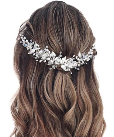 Easedaily Bride Wedding Hair Vine Silver Flower Leaf Bridal Headpieces Pearl Hair Accessories for Women and Girls A-Silver