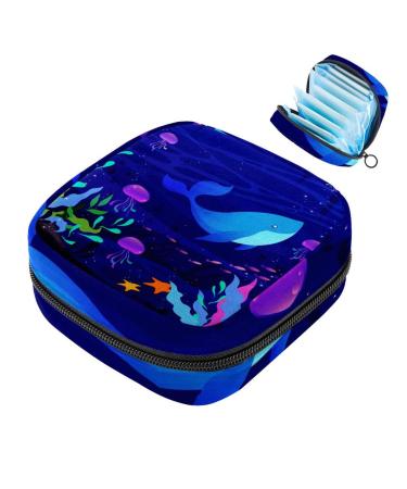 Menstruation pad bag with zipper women's napkin bag tampons collective bags for women and girls (underwater blue whale)