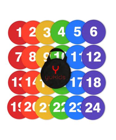 YUKIDS Poly Spot Markers - Non-Slip Rubber Agility Dots - Perfect for Sports (e.g. Soccer, Basketball) and Gym Training, Dance Class, PHYS Ed (PE) Equipment and Classroom Org Set of 24 with Numbers