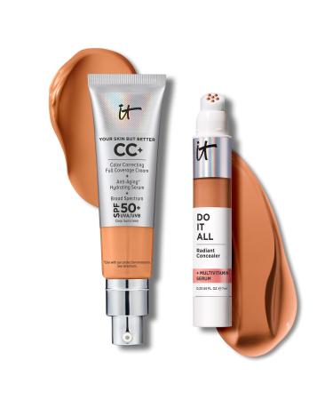 IT Cosmetics CC+ Cream with SPF 50+ Natural Finish Full Coverage Foundation (Tan Cool - 1.08 fl oz) & Do It All Radiant Concealer Multivitamin Serum Makeup (415 Tan Cool - 0.2 fl oz)