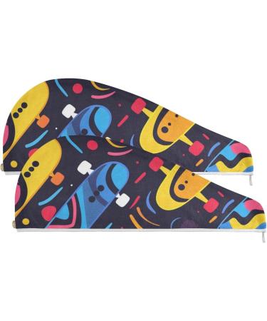 Colorful Skates Hair Towel 2 Pack - Super Absorbent Quick Dry Hair Turbans for Women & Girls - Buy Online on GoSupps.com