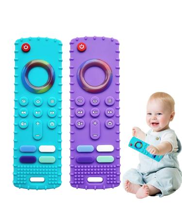 2 Pack Silicone Teething Toys for Infant Remote Control Shape Teethers for 6-18 Babies Boys Girls Baby Chew Toys BPA Free (Purple+Cyan)