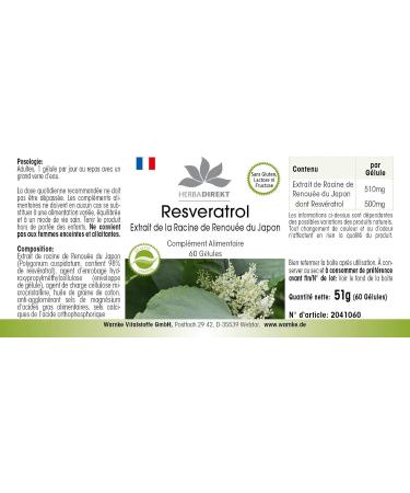 Resveratrol 500mg - High Dosage Knotweed Extract | 60 Capsules | HERBADIREKT by Warnke Vitalstoffe - German Pharmacy Quality - International Shipping Available - Buy Online on GoSupps.com