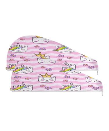 Wavy Pink Cat Dry Hair Cap 2 Piece Quick Drying Towel Set with Button Headband Super Absorbent Soft & Comfortable