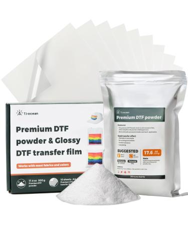 TJ-OCEAN DTF Powder Film Kit for Sublimation & DTF Printer 23Pcs Sensor recognition Stickers 17.6OZ White Digital Hot Melt Adhesive Powder&10 Direct to Film Iron-on Transfer Paper for all Color Fabric