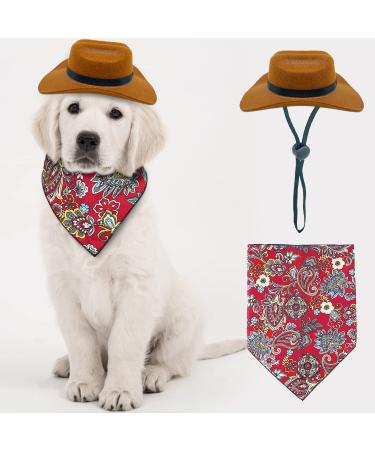 KUDES 2 Pieces Funny Pet Costume Accessories Set, Cat Small Dog Cowboy Hat with Adjustable Elastic Chin Strap and Bandana for Birthday Christmas Halloween Holiday Party Cosplay and Daily Wearing Red Medium