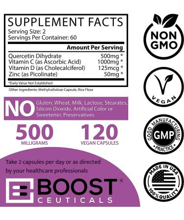 BoostCeuticals Quercetin Zinc Vitamin C Vitamin D - Vegan Pure Zinc Quercetin Formula - Non GMO - 120 Capsules - Buy Online on GoSupps.com