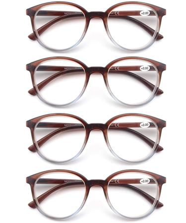 MODFANS Set of 4 Reading Glasses Round Men Women Good Glasses High Quality Fashion Comfortable Great Reading Aid +2.00 4 Brown