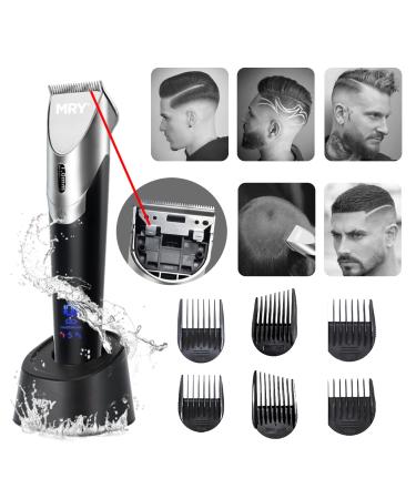 MRY Stainless Steel Hair Clippers Professional for Men Women Barber Clippers Waterproof LCD USB Rechargeable Cordless Hair Clippers (Black with Silver Color) Stainless Steel Blade