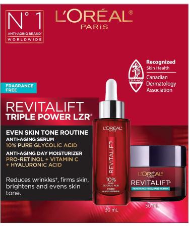 L'Oreal Paris Anti Aging Skincare Kit with Glycolic Acid Serum + Day Moisturizer for Face Even Skin Tone Revitalift Triple Power Lzr Fragrance Free Paraben Free Dermatologist Tested 2 piece kit - Buy Online on GoSupps.com