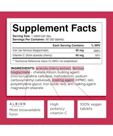 Iron Bisglycinate - Vegan Iron Supplements for Women & Men - Relieve Fatigue and Tiredness with Combination of 60 Iron and Vitamin C Tablets Strong Iron Supplements Gentle Iron Tablets High Strength - Buy Online on GoSupps.com