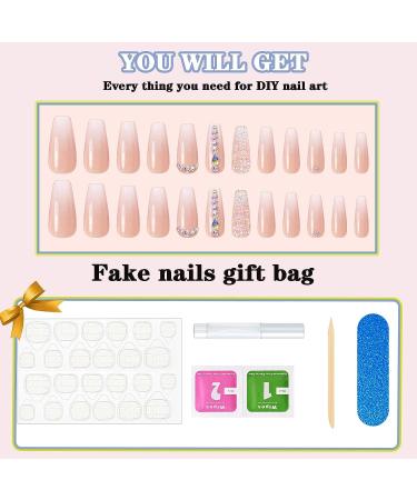 Pink Glitter Gradient Medium Ballerina Press on Nails with Crystal Gem Design - 24Pcs Luxurious False Nails Set for Women & Girls - Buy Online on GoSupps.com