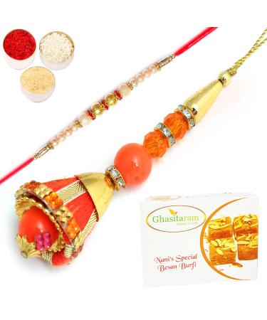 Ghasitaram Gifts Rakhis Online - Rakhi for Brother- Bells of Care Bhaiya Bhabhi Rakhi with 400 GMS of Besan Barfi Rakhi Set with 400 gms of Besan Barfi