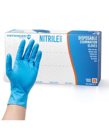 Defender Safety - Nitrile Examination Gloves Medical Grade Chemo-rated Powder Free (Blue) (Click for Sizes & Quantity) Large Box (100 Gloves)