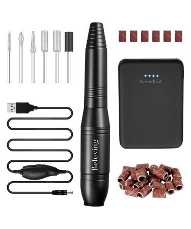 Beloving Electric Nail Drill with 5000mAh Power Bank,Electric Nail File for Acrylic Nails, Portable Nail Drill Kit with Nail Drill Bits and Sanding Bands Black