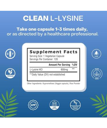 Buy Clean L-Lysine 600mg - Vegan Non-GMO Gluten-Free Capsules | 120 Count - Fast International Shipping - Buy Online on GoSupps.com