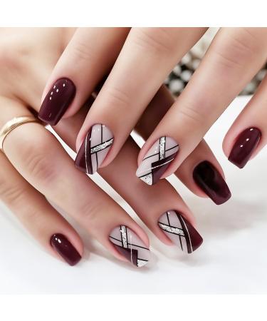 24Pcs Press on Nails Short Squre Reusable False Nail Sets With Jelly Gel Stick-on Nail Kit Fake Nails With Design for Women Nail Decorations Brown Sugar