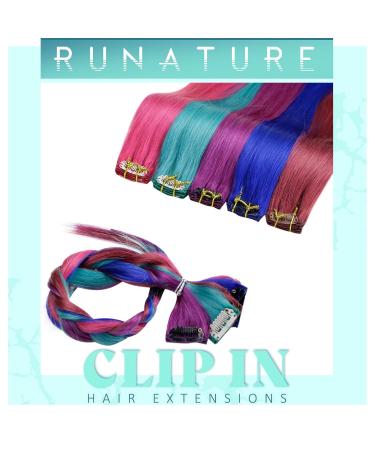 Runature Colorful Clip-In Hair Extensions - 40cm Real Hair - Blue Pink Teal - 5PCS 25g Party Hair - Buy Online on GoSupps.com