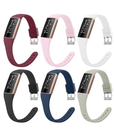 6 Pack Slim Soft Silicone Wristbands Compatible with Fitbit Charge 4 Bands, Sports Replacement Straps for Fitbit Charge 4 / Fitbit Charge 3 / Charge 4 SE/Charge 3 SE Women Men (6 Pack A) Wine Red/Pink/White/Black/Navy Blue…