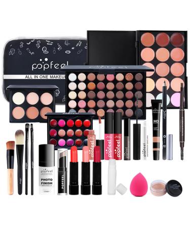 WishesMar Full Makeup Set for Women for Essential Starter All in One Gift Makeup Kit Contains Eye Shadow Concealer Lipsticks Mascara Eyebrow Eyeliner Pressed Powder Brushes Full Makeup Set A