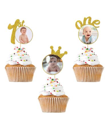 RoadSea 1st Birthday Cupcake Toppers with Photo Frame - Baby Shower Party Photo Cupcake Supplies - 1st Birthday Milestone - Boy Girl Birthday Party Dessert Decorations - 12 PCS Glitter