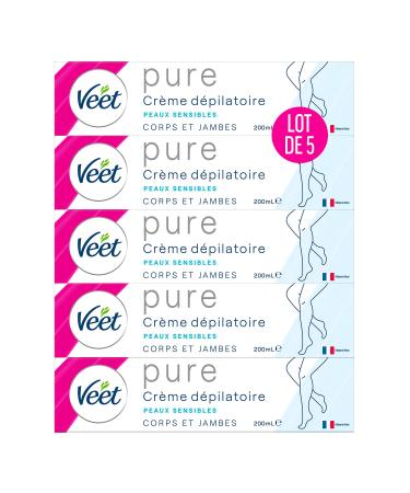 VEET PURE - Depilatory Cream for Body and Legs - Sensitive Skin - No Odor of Amonia - Pack of 5 x 200 ml