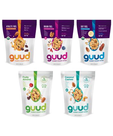 GUUD 5 Flavor Muesli Cereal Variety Pack, 12 Ounce (Pack of 5), Athlete Fuel, Brain Fuel, Gut Fuel, Fruity Almond, Coconut Cashew, Vegan, Non-GMO Certified, Kosher Five Flavor Variety Pack 1 Count (Pack of 5)