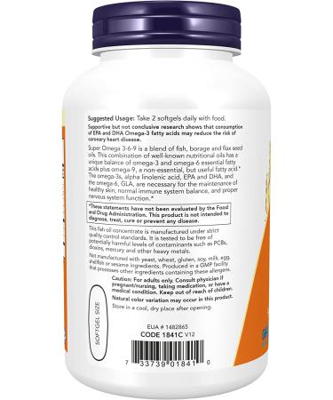 Now Supplements Super Omega 3-6-9 1200mg Softgels - Fish, Borage, Flax Seed Oils - 180 Count - Buy Online on GoSupps.com