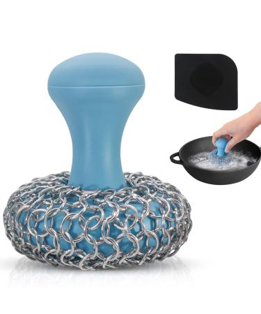 Cast Iron Scrubber + Pan Scraper, Upgraded Cast Iron Cleaner with Ergonomic Handle, Chainmail Scrubber for Cast Iron Pans and Skillets, Dishwasher Safe (Blue, 1 Scrubber + 1 Scraper)