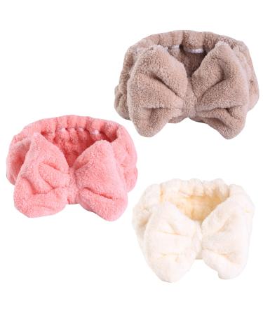 pzihao 3 Pieces Bowknot Hairbands Elastic Coral Velvet Makeup Face Washing Shower Headband for Women Girls