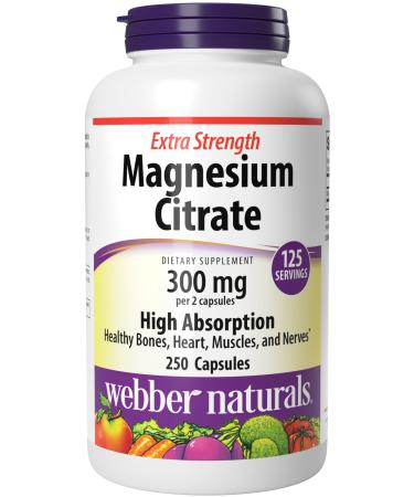Webber Naturals Magnesium Citrate 300 mg Extra Strength 300 mg Per Serving 250 Capsules High Absorption Helps Support Bones Teeth and Proper Muscle & Heart Function Gluten & Dairy Free