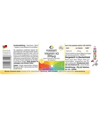 Vitamin K2 200 g - Vegan Menaquinone MK-7 - 60 Tablets by Warnke Vitalstoffe - Buy Online on GoSupps.com