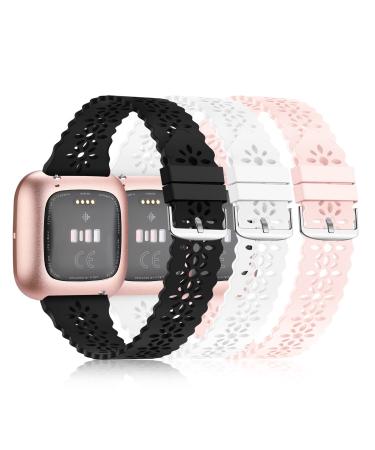 YAXIN 3 Pack Slim Sport Bands Compatible with Fitbit Versa/Fitbit Versa 2/Fitbit Versa Lite Band for Women,Soft Silicone Lace Replacement Wristbands for Fitbit Versa Smart Watch,Black/White/Pink Sand A-black/white/pink sand