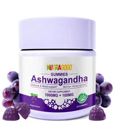 Ashwagandha Gummies & Vitamin D3 Gummies Organic Aswangdha Supplement for Improve Sleep Stress Relief & Mood Calm (Grape Berry Non-GMO Gluten-Free & Sugar Free)-1 Pack Grape 60 Count (Pack of 1)
