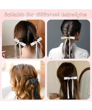 6Pcs Satin Ribbon Hair Bows for Women with Tassel Bowknot - Long Tail Hair Barrettes in White, Black, Beige - Buy Online on GoSupps.com