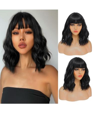 CAIXIU HAIR Short Black Bob Wig With Bangs - Natural Black  Short Curly Bob Wigs for Women 14 Inch Natural Wavy Hair Wig For Daily Wear Parties And Cosplay BLACK