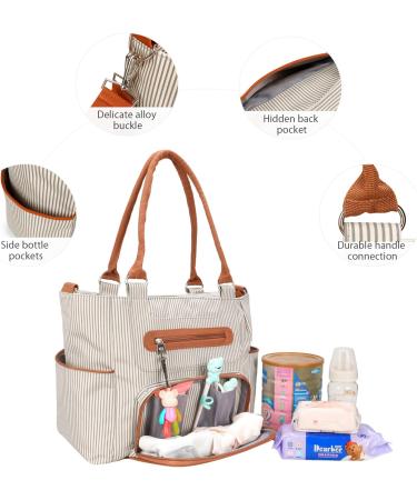 SONARIN 7pcs Nappy Changing Bag Set Multifunction Mummy Tote Bag Baby Changing Bag Shoulder Handbag Travel Diaper Bag with Bottle Bag Changing Mat and Stroller Straps white stripped(Khaki) - Buy Online on GoSupps.com