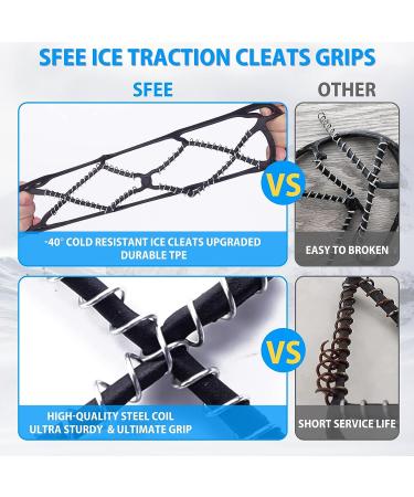 Sfee Ice Cleats - Anti-Slip Snow Grips Crampons for Shoes/Boots | Portable Traction for Walking, Climbing, Hiking, Fishing | Outdoor Running Gear with 2 Velcro Straps - Black (Large) - Buy Online on GoSupps.com