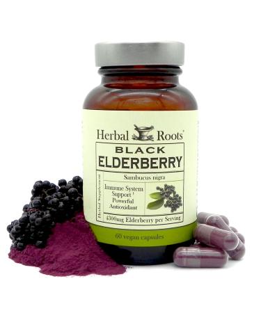 Herbal Roots Black Elderberry Capsules | Max Strength 4,300mg | Made with Organic Sambucus | Vegan and Pure - Made in The USA