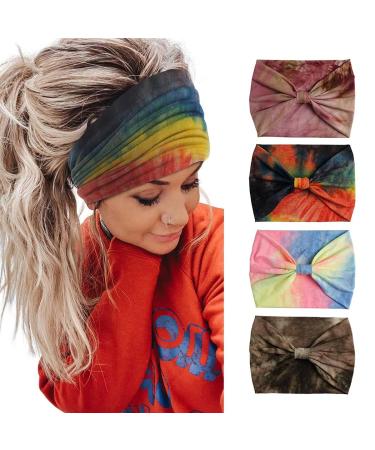 Gangel Tie Dye Headbands Wide Turban Knotted Head Wraps Boho Hair Scarf Yoga Hair Accessories for Women and Girls(Pack of 4) (Type A)