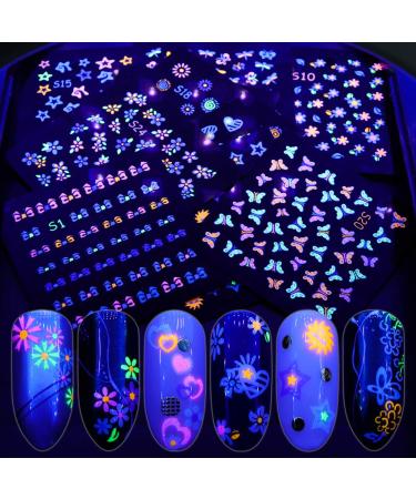 EBANKU 24Sheets Fluorescence Nail Art Stickers Decals 3D Self-Adhesive Butterfly Flower Love Fruits Pattern DIY Decoration Tools Accessories for Women Kids
