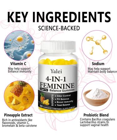 Yalei 4-in-1 Nuora Premium Feminine Balance Gummies & PH Balance Gummies for Women - Immune Support & Healthy Odor & Flora - Vegan Non-GMO - Hawaiian Pineapple 60 Count - Buy Online on GoSupps.com