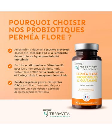PERMEA FLORA | Probiotics and Glutamine | Intestinal Flora and Mucosal Healing | Ideal Against Intestinal Permeability | 60 Gastro-resistant Capsules | Made in France | Terravita - Buy Online on GoSupps.com