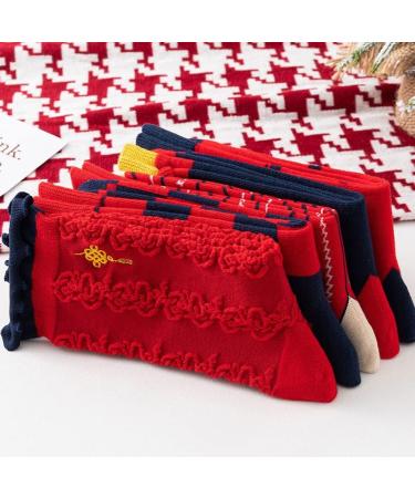 Chinese New Year Zodiac Embroidered Red Socks - 5 Pairs (Size 34-39) - Comfortable & Breathable Cotton Socks for Women - Buy Online on GoSupps.com