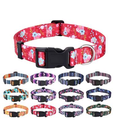 Mihqy dog collar adjustable soft & comfort nylon dog collar for small medium large dog puppies (red flower m) m (neck circumference 33-55 cm width 2 cm) red flower