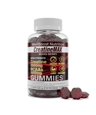 Creatine MAX 90 Chewable Vegan Gummies - 5000mg Creatine Monohydrate 1000mg BCAAs per Serving - Sugar Free Mixed Berry Flavour (1 Month Supply)