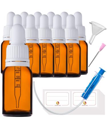 Handsunity 10ml-12Stk pipette glass bottle-amber glass pharmacy glass set with white pipette lock including 29 pieces of aids brown las bottles 10ml-12 pieces white cap