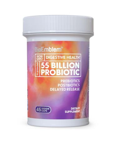 BioEmblem Probiotics for Women & Men 55 Billion CFU | 11 Strains with Prebiotics & Postbiotics | Jerusalem Artichoke & Inulin | Digestive & Immune Support Nutrient Absorption | Non-GMO,45 Capsules